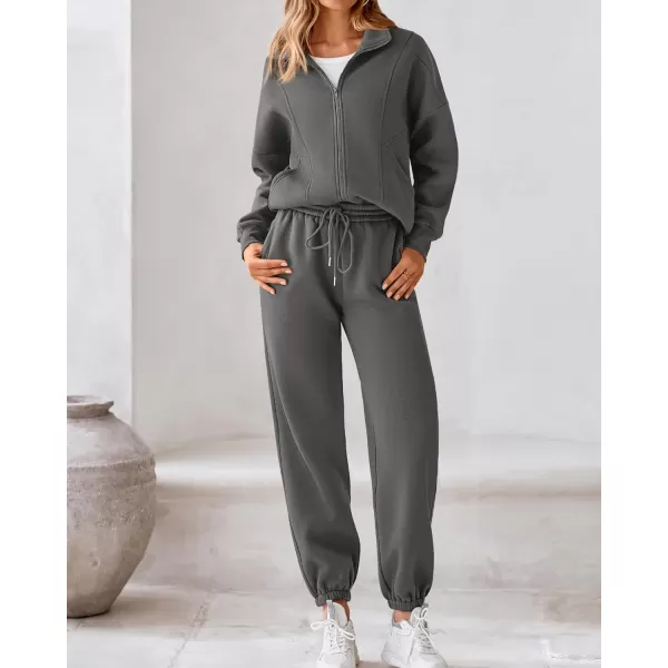 BTFBM Womens Sweatsuits 2 Piece Set 2024 Fleece Long Sleeve Zip Up Sweatshirt Sweatpants Winter Fall Outfits Jogger SetsDark Grey