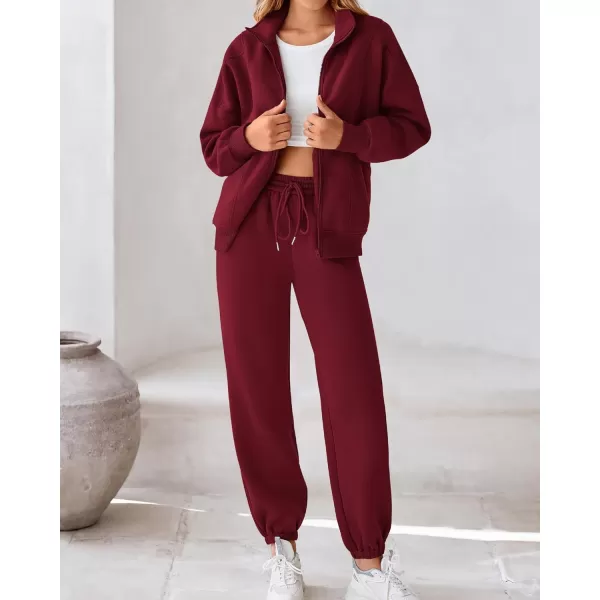 BTFBM Womens Sweatsuits 2 Piece Set 2024 Fleece Long Sleeve Zip Up Sweatshirt Sweatpants Winter Fall Outfits Jogger SetsWine Red