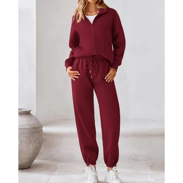 BTFBM Womens Sweatsuits 2 Piece Set 2024 Fleece Long Sleeve Zip Up Sweatshirt Sweatpants Winter Fall Outfits Jogger SetsWine Red