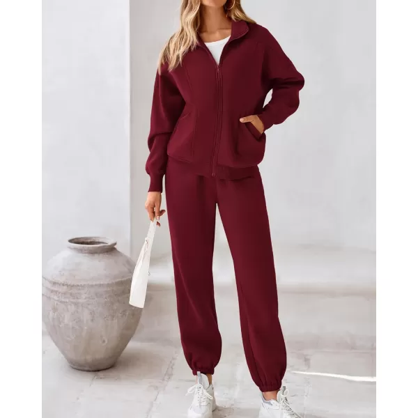 BTFBM Womens Sweatsuits 2 Piece Set 2024 Fleece Long Sleeve Zip Up Sweatshirt Sweatpants Winter Fall Outfits Jogger SetsWine Red