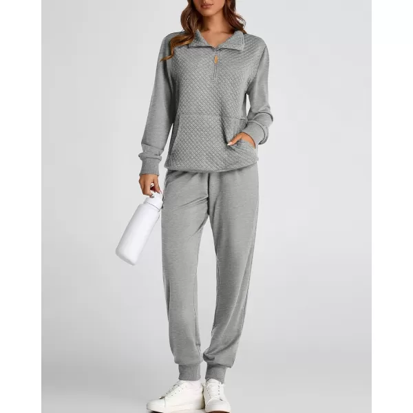 BTFBM Womens Sweatsuits 2 Piece Set Quilted Quarter Zip Pullover Jogger Sweatpants Tracksuit Fall Matching Lounge SetsSolid Light Grey