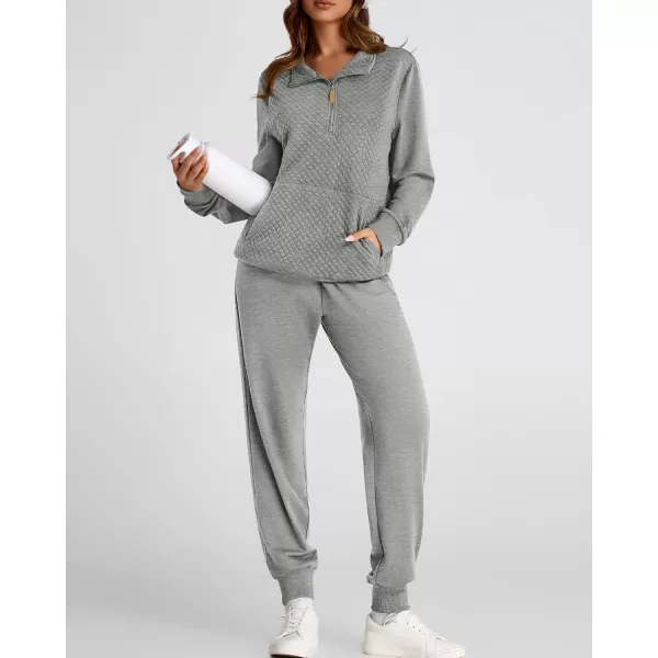 BTFBM Womens Sweatsuits 2 Piece Set Quilted Quarter Zip Pullover Jogger Sweatpants Tracksuit Fall Matching Lounge SetsSolid Light Grey