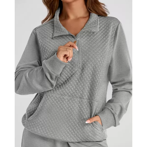 BTFBM Womens Sweatsuits 2 Piece Set Quilted Quarter Zip Pullover Jogger Sweatpants Tracksuit Fall Matching Lounge SetsSolid Light Grey