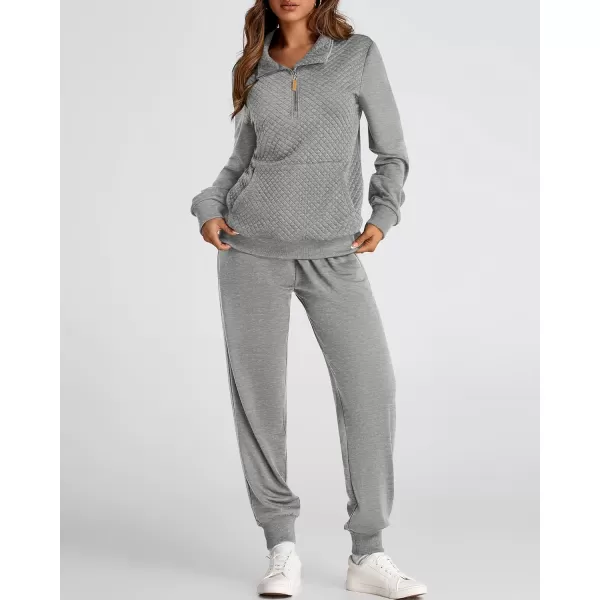 BTFBM Womens Sweatsuits 2 Piece Set Quilted Quarter Zip Pullover Jogger Sweatpants Tracksuit Fall Matching Lounge SetsSolid Light Grey