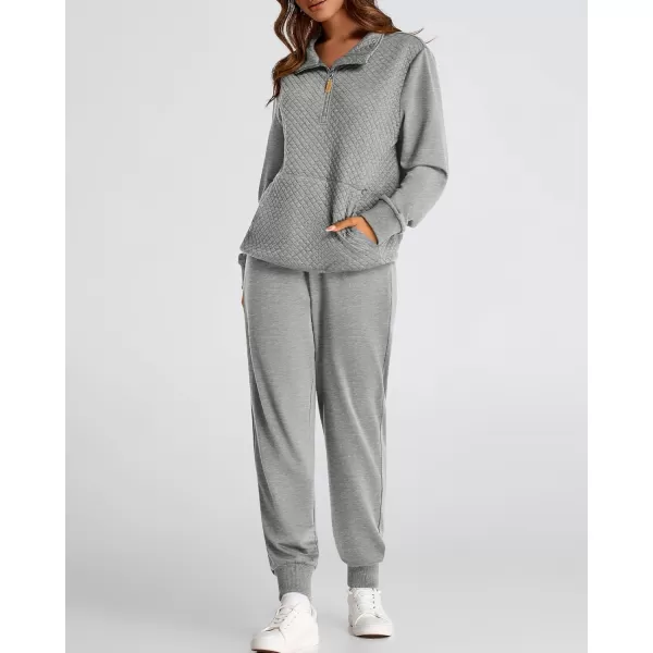 BTFBM Womens Sweatsuits 2 Piece Set Quilted Quarter Zip Pullover Jogger Sweatpants Tracksuit Fall Matching Lounge SetsSolid Light Grey