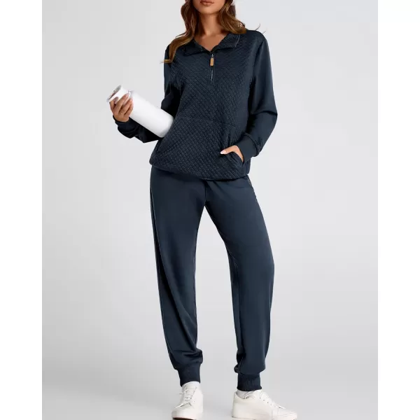 BTFBM Womens Sweatsuits 2 Piece Set Quilted Quarter Zip Pullover Jogger Sweatpants Tracksuit Fall Matching Lounge SetsSolid Navy