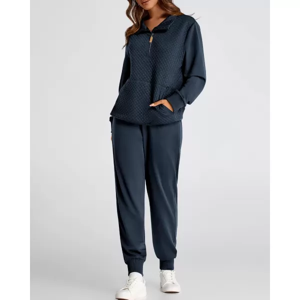 BTFBM Womens Sweatsuits 2 Piece Set Quilted Quarter Zip Pullover Jogger Sweatpants Tracksuit Fall Matching Lounge SetsSolid Navy