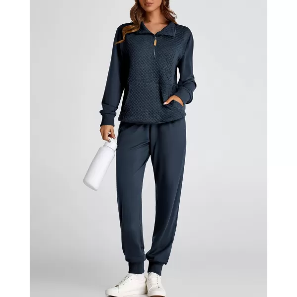 BTFBM Womens Sweatsuits 2 Piece Set Quilted Quarter Zip Pullover Jogger Sweatpants Tracksuit Fall Matching Lounge SetsSolid Navy