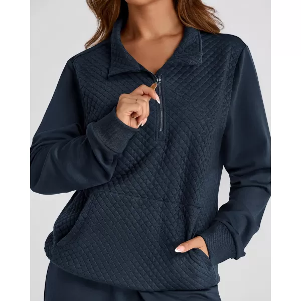 BTFBM Womens Sweatsuits 2 Piece Set Quilted Quarter Zip Pullover Jogger Sweatpants Tracksuit Fall Matching Lounge SetsSolid Navy