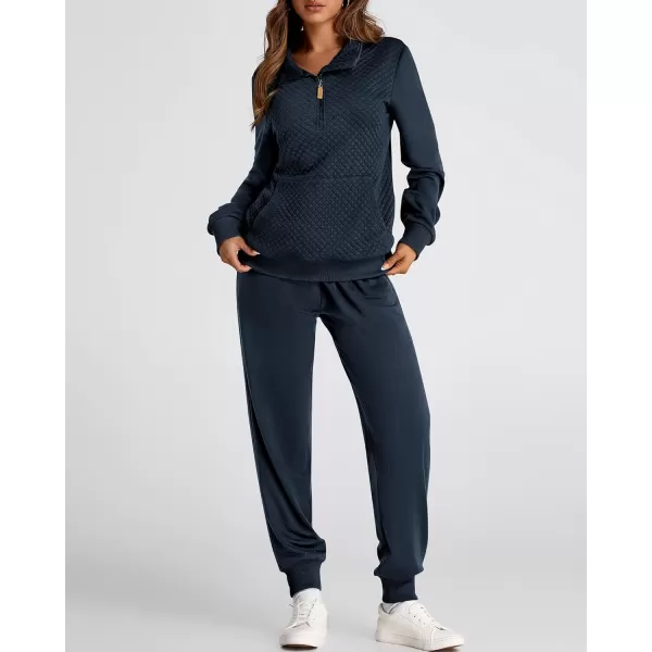 BTFBM Womens Sweatsuits 2 Piece Set Quilted Quarter Zip Pullover Jogger Sweatpants Tracksuit Fall Matching Lounge SetsSolid Navy