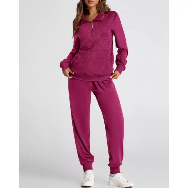 BTFBM Womens Sweatsuits 2 Piece Set Quilted Quarter Zip Pullover Jogger Sweatpants Tracksuit Fall Matching Lounge SetsSolid Purple Red