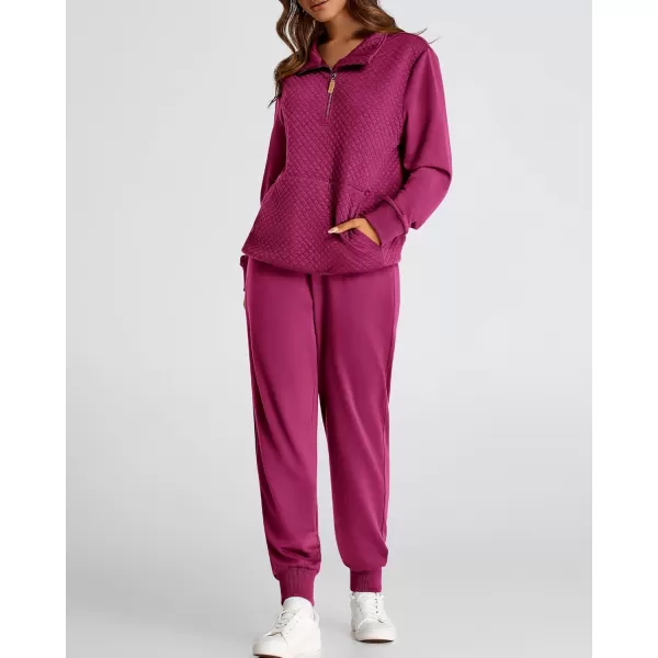 BTFBM Womens Sweatsuits 2 Piece Set Quilted Quarter Zip Pullover Jogger Sweatpants Tracksuit Fall Matching Lounge SetsSolid Purple Red