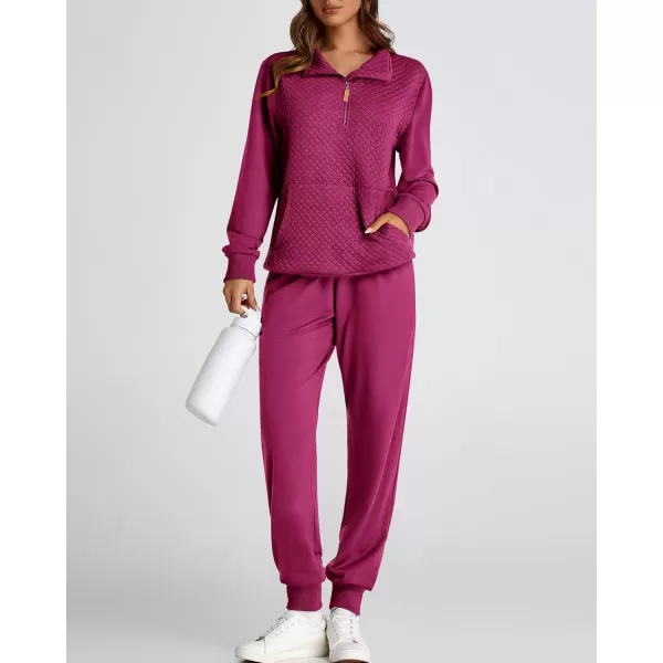 BTFBM Womens Sweatsuits 2 Piece Set Quilted Quarter Zip Pullover Jogger Sweatpants Tracksuit Fall Matching Lounge SetsSolid Purple Red