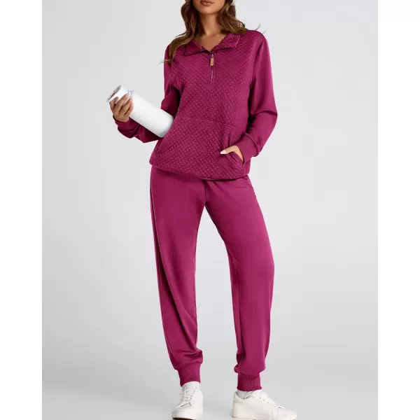 BTFBM Womens Sweatsuits 2 Piece Set Quilted Quarter Zip Pullover Jogger Sweatpants Tracksuit Fall Matching Lounge SetsSolid Purple Red
