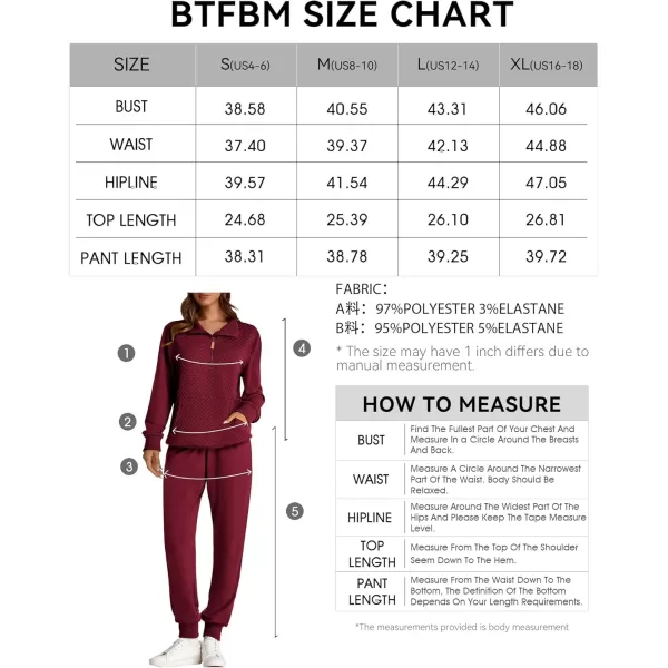 BTFBM Womens Sweatsuits 2 Piece Set Quilted Quarter Zip Pullover Jogger Sweatpants Tracksuit Fall Matching Lounge SetsSolid Wine Red