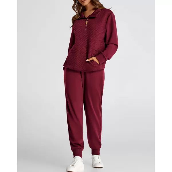 BTFBM Womens Sweatsuits 2 Piece Set Quilted Quarter Zip Pullover Jogger Sweatpants Tracksuit Fall Matching Lounge SetsSolid Wine Red