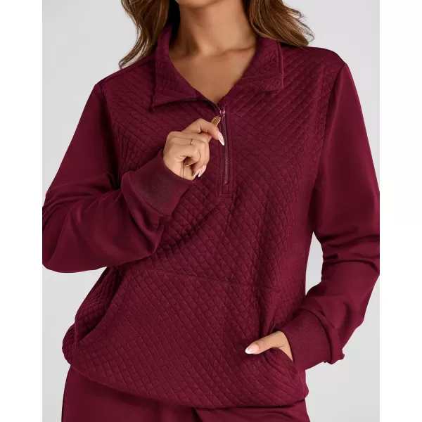 BTFBM Womens Sweatsuits 2 Piece Set Quilted Quarter Zip Pullover Jogger Sweatpants Tracksuit Fall Matching Lounge SetsSolid Wine Red