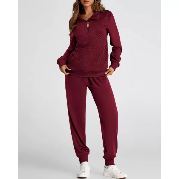 BTFBM Womens Sweatsuits 2 Piece Set Quilted Quarter Zip Pullover Jogger Sweatpants Tracksuit Fall Matching Lounge SetsSolid Wine Red