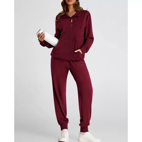 BTFBM Womens Sweatsuits 2 Piece Set Quilted Quarter Zip Pullover Jogger Sweatpants Tracksuit Fall Matching Lounge SetsSolid Wine Red