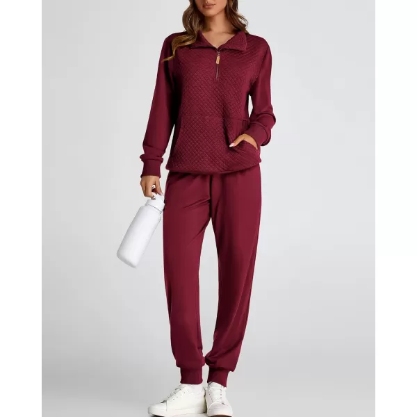 BTFBM Womens Sweatsuits 2 Piece Set Quilted Quarter Zip Pullover Jogger Sweatpants Tracksuit Fall Matching Lounge SetsSolid Wine Red