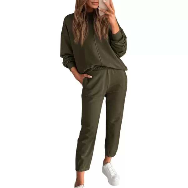 BTFBM 2024 Women 2 Piece Outfits Long Sleeve Pullover Jogger Pants Lounge Sets Fall Winter Sweatsuits Tracksuit PocketsSolid Army Green