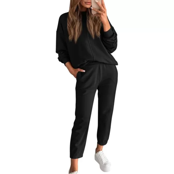 BTFBM 2024 Women 2 Piece Outfits Long Sleeve Pullover Jogger Pants Lounge Sets Fall Winter Sweatsuits Tracksuit PocketsSolid Black