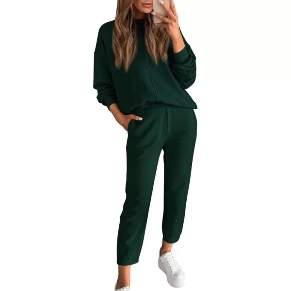 BTFBM 2024 Women 2 Piece Outfits Long Sleeve Pullover Jogger Pants Lounge Sets Fall Winter Sweatsuits Tracksuit PocketsSolid Dark Green