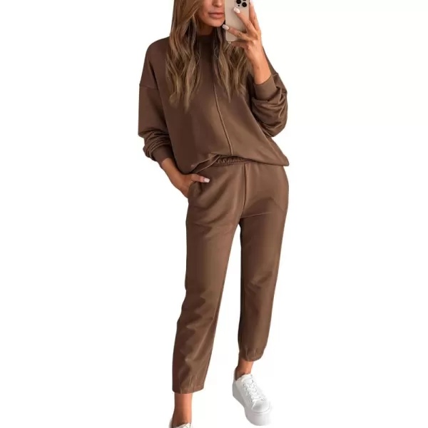BTFBM 2024 Women 2 Piece Outfits Long Sleeve Pullover Jogger Pants Lounge Sets Fall Winter Sweatsuits Tracksuit PocketsSolid Dark Khaki
