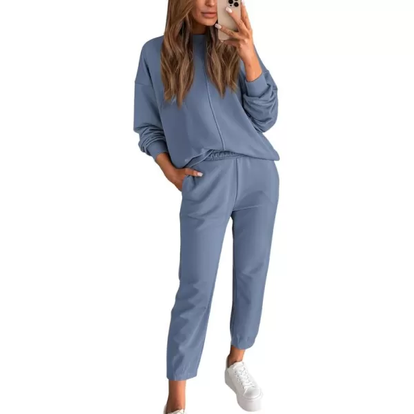 BTFBM 2024 Women 2 Piece Outfits Long Sleeve Pullover Jogger Pants Lounge Sets Fall Winter Sweatsuits Tracksuit PocketsSolid Grey Blue
