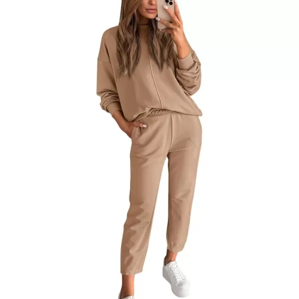 BTFBM 2024 Women 2 Piece Outfits Long Sleeve Pullover Jogger Pants Lounge Sets Fall Winter Sweatsuits Tracksuit PocketsSolid Khaki