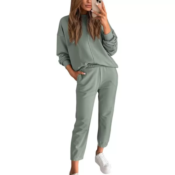 BTFBM 2024 Women 2 Piece Outfits Long Sleeve Pullover Jogger Pants Lounge Sets Fall Winter Sweatsuits Tracksuit PocketsSolid Light Green