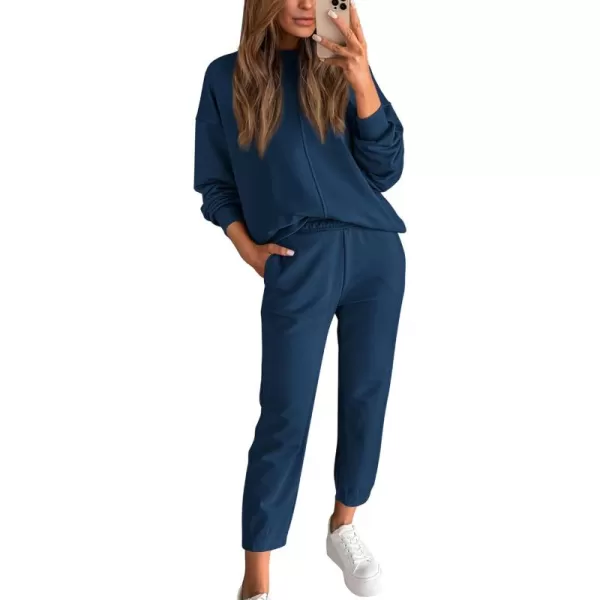 BTFBM 2024 Women 2 Piece Outfits Long Sleeve Pullover Jogger Pants Lounge Sets Fall Winter Sweatsuits Tracksuit PocketsSolid Navy