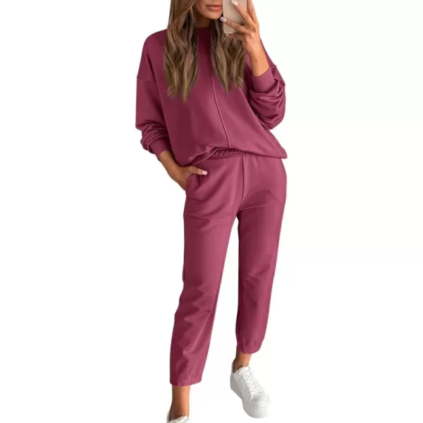 BTFBM 2024 Women 2 Piece Outfits Long Sleeve Pullover Jogger Pants Lounge Sets Fall Winter Sweatsuits Tracksuit PocketsSolid Peach Red