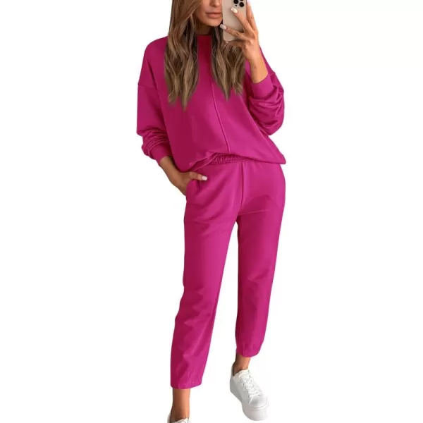 BTFBM 2024 Women 2 Piece Outfits Long Sleeve Pullover Jogger Pants Lounge Sets Fall Winter Sweatsuits Tracksuit PocketsSolid Rose Red