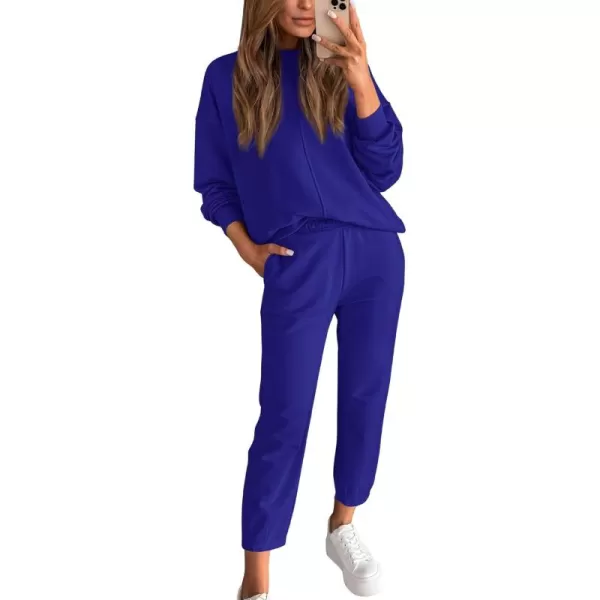 BTFBM 2024 Women 2 Piece Outfits Long Sleeve Pullover Jogger Pants Lounge Sets Fall Winter Sweatsuits Tracksuit PocketsSolid Royal Blue