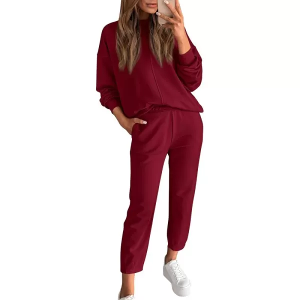 BTFBM 2024 Women 2 Piece Outfits Long Sleeve Pullover Jogger Pants Lounge Sets Fall Winter Sweatsuits Tracksuit PocketsSolid Wine Red