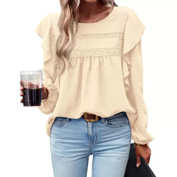 BTFBM Long Sleeve Blouses for Women Dressy Casual Crew Neck Ruffle Crochet Loose Tunic Shirts Swiss Dot Fall Tops 2024Solid Beige