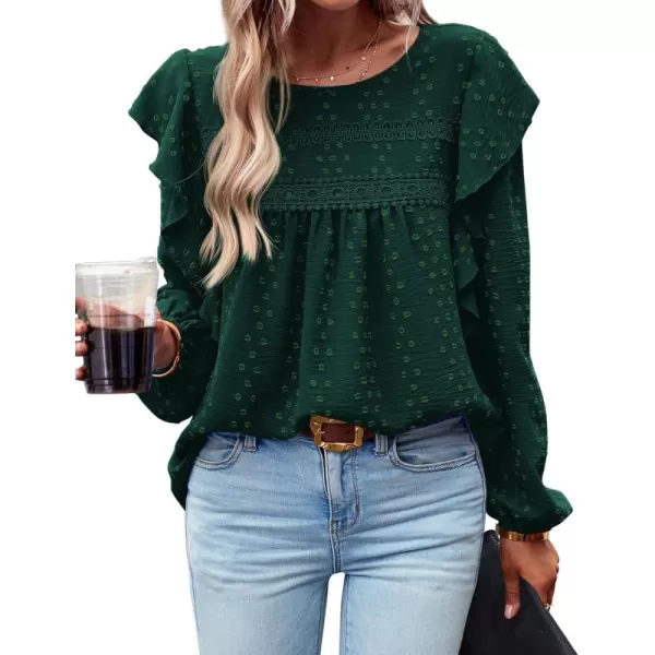 BTFBM Long Sleeve Blouses for Women Dressy Casual Crew Neck Ruffle Crochet Loose Tunic Shirts Swiss Dot Fall Tops 2024Solid Dark Green