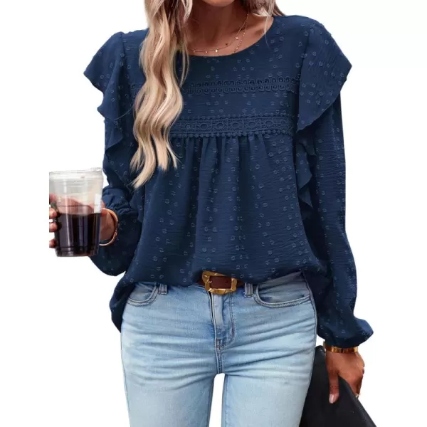 BTFBM Long Sleeve Blouses for Women Dressy Casual Crew Neck Ruffle Crochet Loose Tunic Shirts Swiss Dot Fall Tops 2024Solid Navy