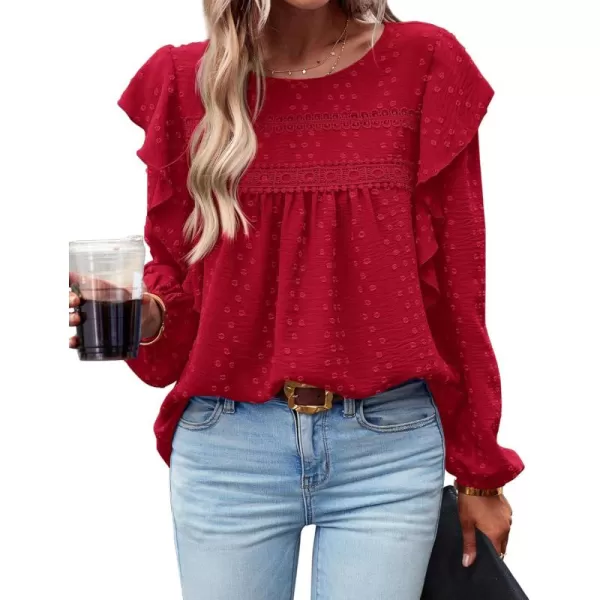 BTFBM Long Sleeve Blouses for Women Dressy Casual Crew Neck Ruffle Crochet Loose Tunic Shirts Swiss Dot Fall Tops 2024Solid Red