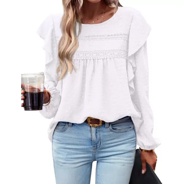 BTFBM Long Sleeve Blouses for Women Dressy Casual Crew Neck Ruffle Crochet Loose Tunic Shirts Swiss Dot Fall Tops 2024Solid White