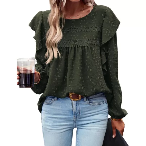 BTFBM Long Sleeve Blouses for Women Dressy Casual Crew Neck Ruffle Crochet Loose Tunic Shirts Swiss Dot Fall Tops 2024Swiss Dot Army Green