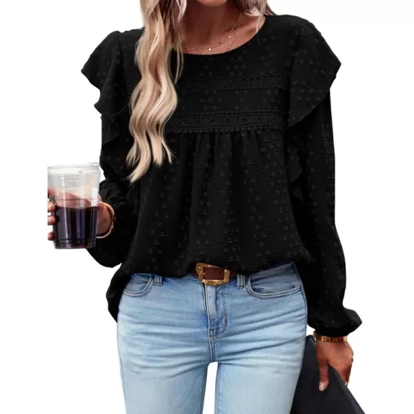 BTFBM Long Sleeve Blouses for Women Dressy Casual Crew Neck Ruffle Crochet Loose Tunic Shirts Swiss Dot Fall Tops 2024Swiss Dot Black