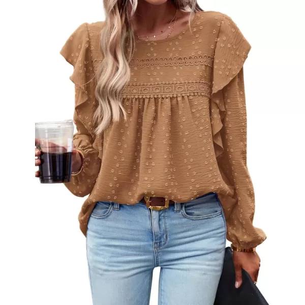 BTFBM Long Sleeve Blouses for Women Dressy Casual Crew Neck Ruffle Crochet Loose Tunic Shirts Swiss Dot Fall Tops 2024Swiss Dot Brown