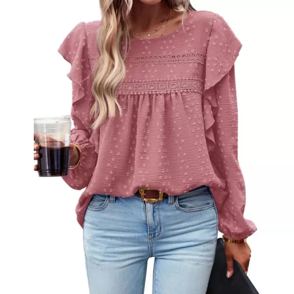 BTFBM Long Sleeve Blouses for Women Dressy Casual Crew Neck Ruffle Crochet Loose Tunic Shirts Swiss Dot Fall Tops 2024Swiss Dot Pink