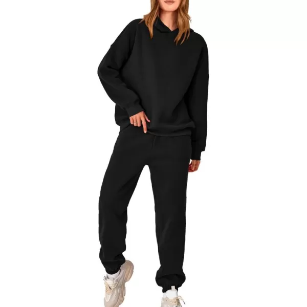 BTFBM Women 2 Piece Sweatsuits Long Sleeve Hooded Pullover Jogger Pants Fall Winter Casual Loose Lounge Sets TracksuitSolid Black
