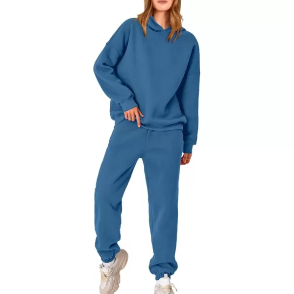 BTFBM Women 2 Piece Sweatsuits Long Sleeve Hooded Pullover Jogger Pants Fall Winter Casual Loose Lounge Sets TracksuitSolid Dark Blue