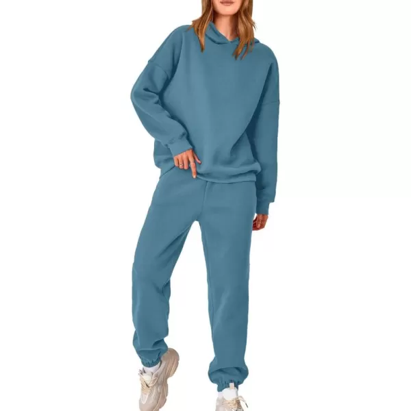 BTFBM Women 2 Piece Sweatsuits Long Sleeve Hooded Pullover Jogger Pants Fall Winter Casual Loose Lounge Sets TracksuitSolid Lake Blue