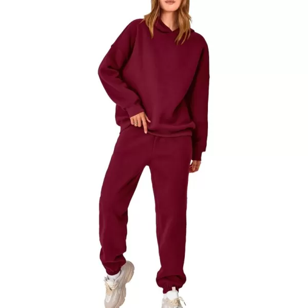 BTFBM Women 2 Piece Sweatsuits Long Sleeve Hooded Pullover Jogger Pants Fall Winter Casual Loose Lounge Sets TracksuitSolid Wine Red
