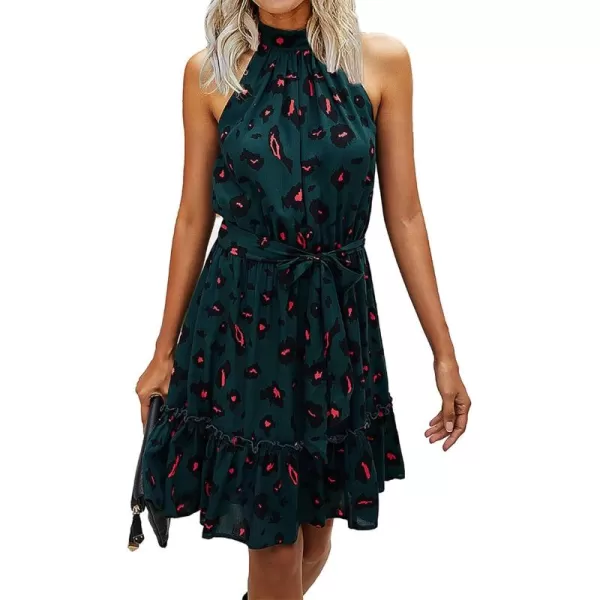 BTFBM Women 2024 Summer Halter Neck Dresses Sleeveless Casual Floral Polka Dot Print Short Boho Ruffle SundressDark GreenBlackOrange